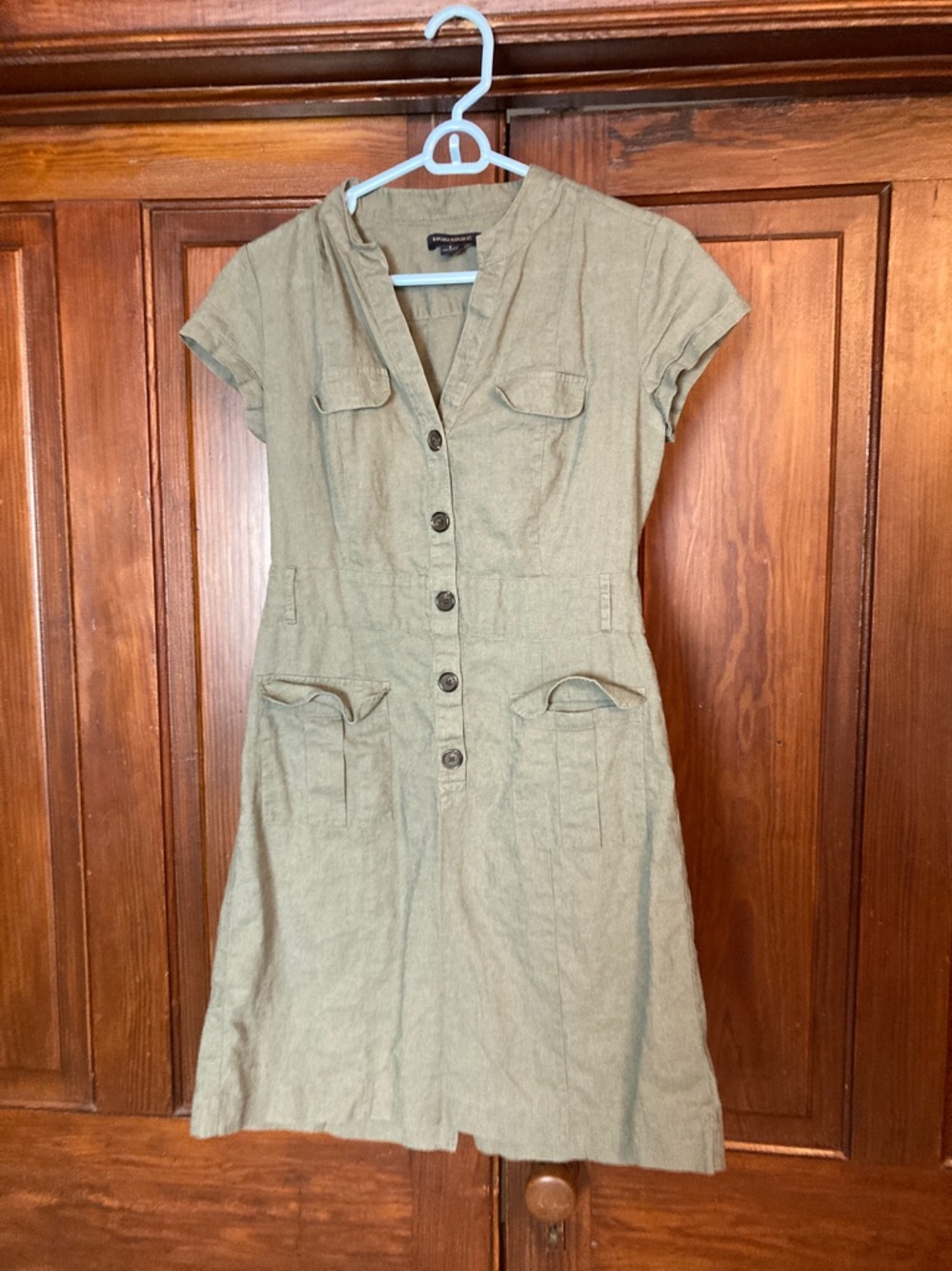 Banana Republic Linen Cotton Green Short Sleeve Button Front Mini Dress Size 6